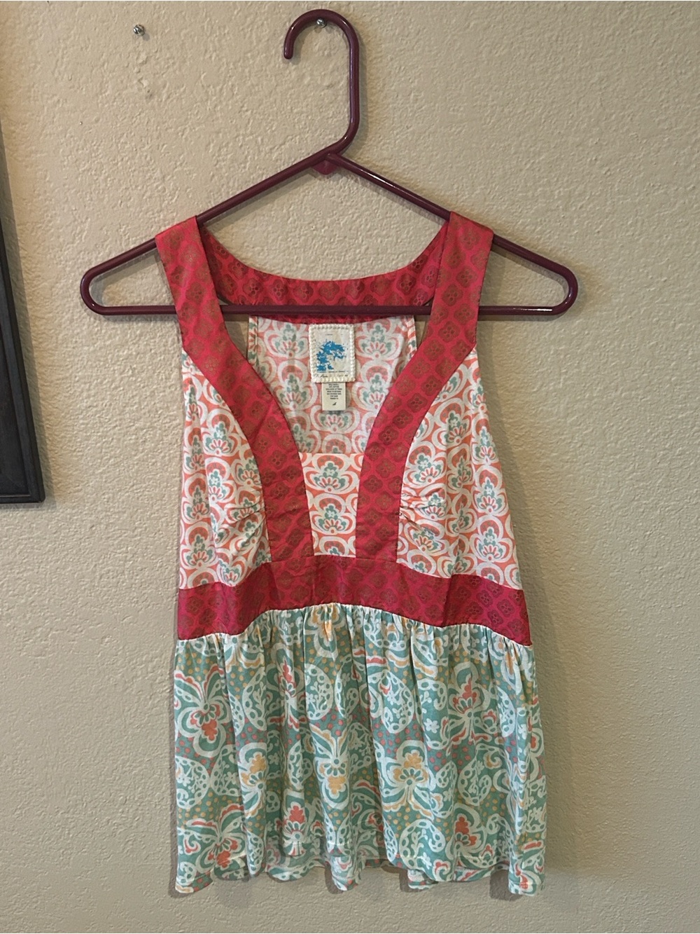 Boho Patchwork Print Sleeveless Babydoll Top Smocked Waist Flowy Tank size Small